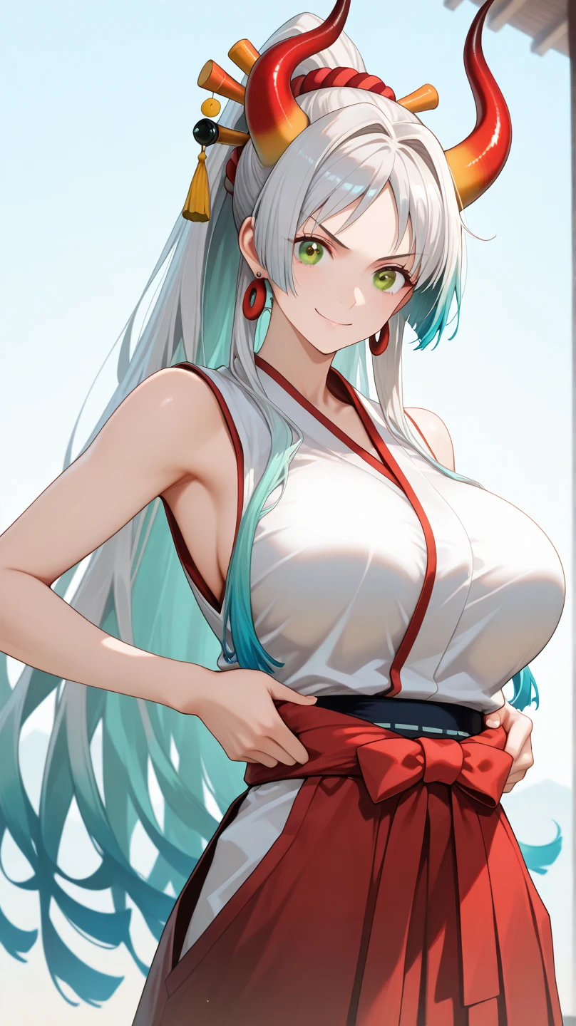 yamato \(one piece\), 1girl, solo, japanese clothes, multicolored hair, jewelry, earrings, sleeveless kimono, hair ornament, kimono, curled horns, long hair, oni, upper body, smile, rope, breasts, hair stick, sleeveless, shimenawa, white background, closed mouth, hoop earrings, bare shoulders, ponytail, (masterpiece, best quality), luxury house, scenery, ((front view)), detailed, very high resolution, no blurry image, full body, orange eyes, sligh wavy hair, ((huge breasts))