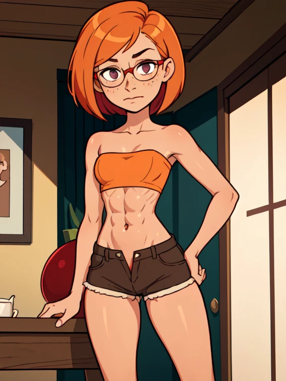 Really embarrassed tomboy thin girl, with short gray curly hair, brown skin and glasses, in sexy brown bokoni, full body, ashamed pose