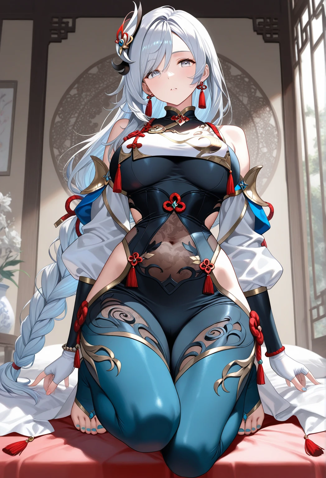 shenhedef, upper body, seductive look, blush, outdoors, snowflake scenery, looking at viewer, cloudy, moody lighting, (perfect detail eyes:1.2), glowing eyes, (long hair one braid:1.2), elemental skill effect, (Masterpiece, Best Quality, High Quality:1.4), professional artwork, Intricate Details, field of view, sharp focus, detailed painting, photorealistic lighting, trending on pixiv, (vivid lighting, vibrant colors:1.05), realistic shadows, ambient occlusion, (athletic body:1.3), mature woman, 30yo,