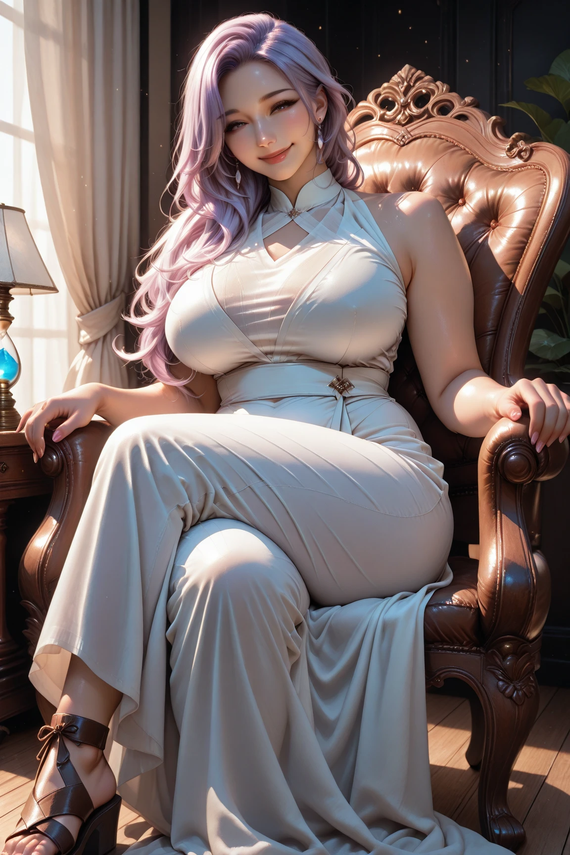 Targaryen woman with long platinum hair and lilac eyes, sentada no trono de ferro, Slim yet voluptuous body with curves and a beautiful physique. Usando um vestido vermelho com detalhes de preto na parte superior 
