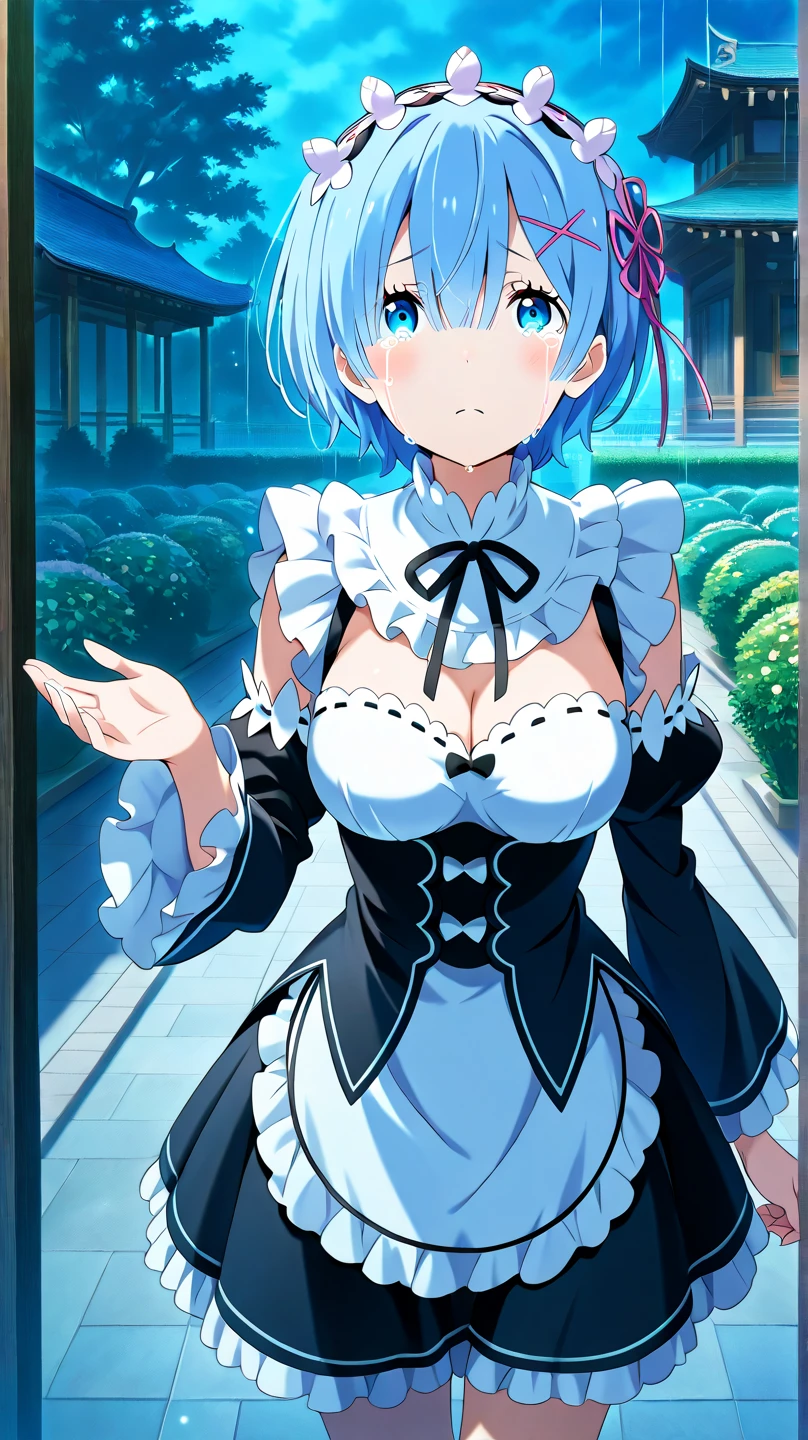 1girl, blue hair, very short hair, light blue hair, purple eyes, bunnysuit, black leotard, pantyhose, large breasts, thick thighs, smile, hourglass figure, rabbit ears, bunny ears,
