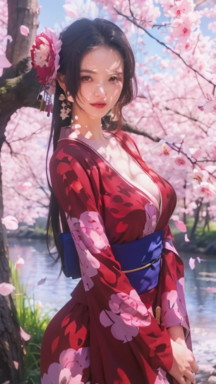 shukezouma, octane render, hdr, (hyperdetailed:1.15), (soft light, sharp:1.2), 1girl, beautiful girl, ultra detailed eyes, mature, plump, thick, painting drops, paint teardrops, woman made up from paint, entirely paint, splat, splash, long colored hair, kimono made from paint, ultra detailed texture kimono, paint kimono, paint bulb, exposed cleavage, sexy, paint drops, outdoors, exposed shoulders, sakura trees, tears, sexy