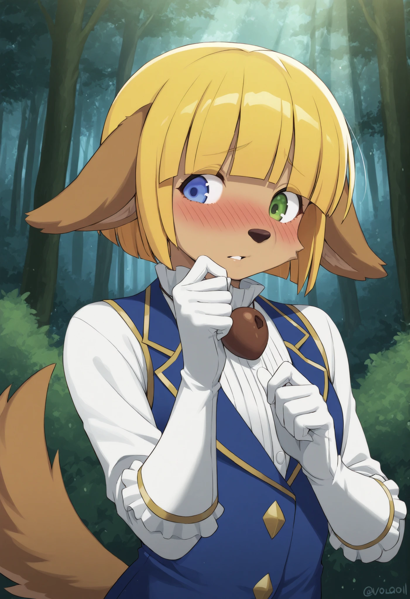 masterpiece, best quality, ultra-detailed, absurdres, 1boy, otokonoko, (furry:1.1), mare bello fiore \(overlord\), (dog boy:1.2), (fluffy dog ears:1.2), fluffy dog tail, (shy:1.3), (heavy blushing:1.2), timid expression, averting eyes, looking away, playing with fingers, slightly parted lips, portrait, upper body, blonde hair, short messy hair, heterochromia, blue eye, green eye, pointy ears, wearing his signature outfit, blue vest, white shirt, white gloves, acorn necklace, forest background, soft lighting, god rays