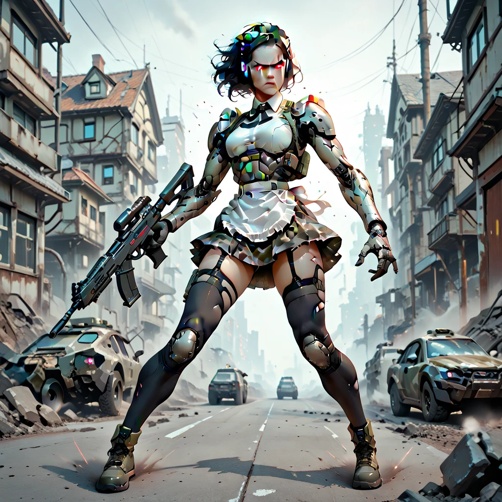 woman standing holding a gun, (boltgun), underhive ganger, underground, torn clothes, thighhighs, intricately detailed, dystopian hive city, ((best quality, masterpiece)), digital painting, thick outlines,  <lora:BoltgunSDXLLora-000026:1.0>, rusty, damaged, chipped, dirty, smoke, mohawk, midriff, garish, bright colors