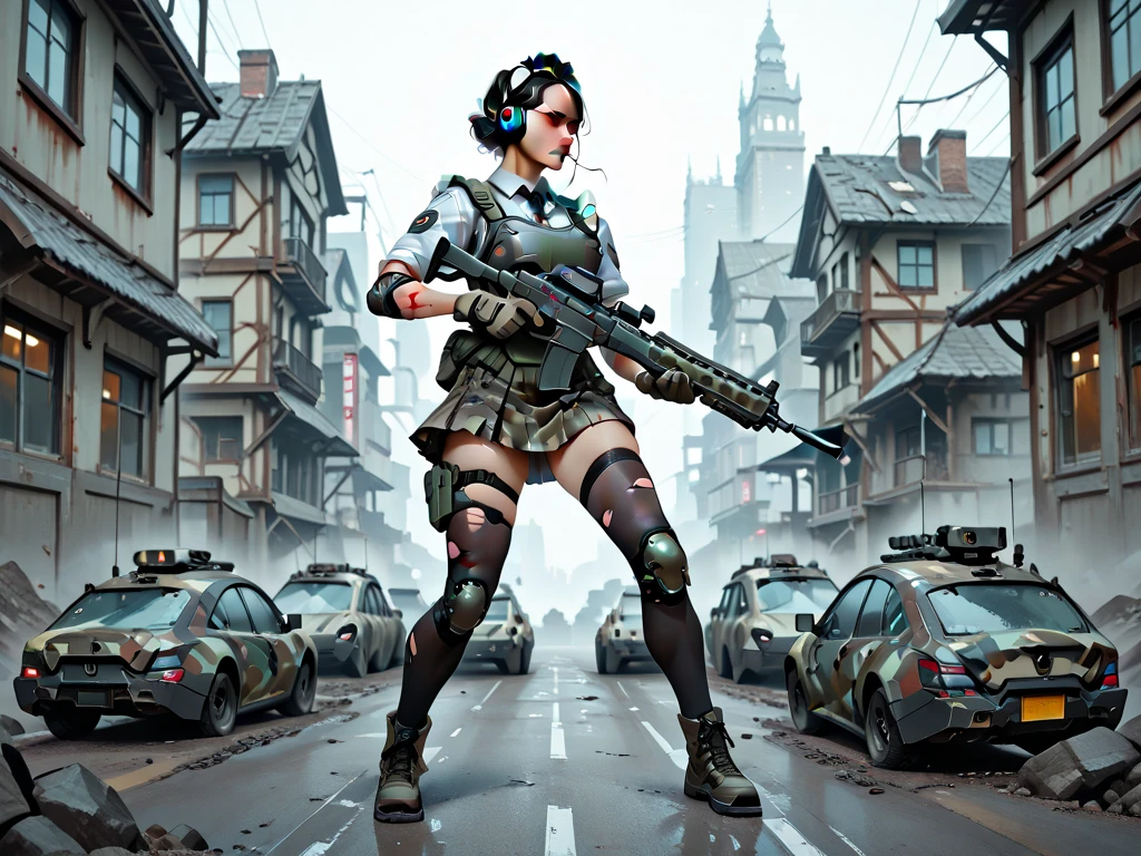 hyper realistic scenery moment detail sharp shade photography, gloomy mood, wet, midnight, dark sky, wide shoot full body of fictional character: a girl with very short blue hair wearing googles & soldier helmet full of badges, cool expression, wear white t-shirt with target pictures, big breast, nipple shows transparently, wear jeans shortpants & net stockings, wear military boot, and hold a bazooka, posing in front of a modified tank, dystopia chaos background cinematic, --style raw --v 6.0