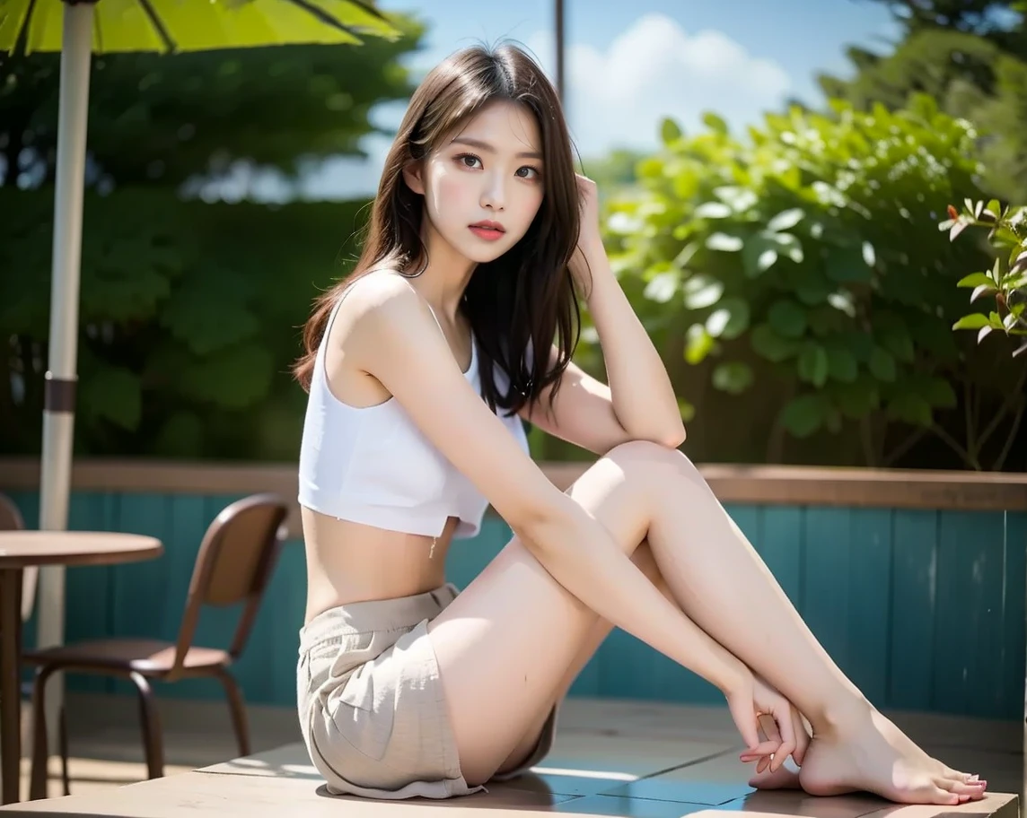 (8K,tmasterpiece,RAW photos,best qualtiy,the detail:1.2),Korean female model,Height 175 cm,perfect bodies,Long legs,wavy and long hair,Wear a gym top and yoga shorts,at a forest,((Pantyhose)),(Wearing sneakers+White sport socks),Ray tracing