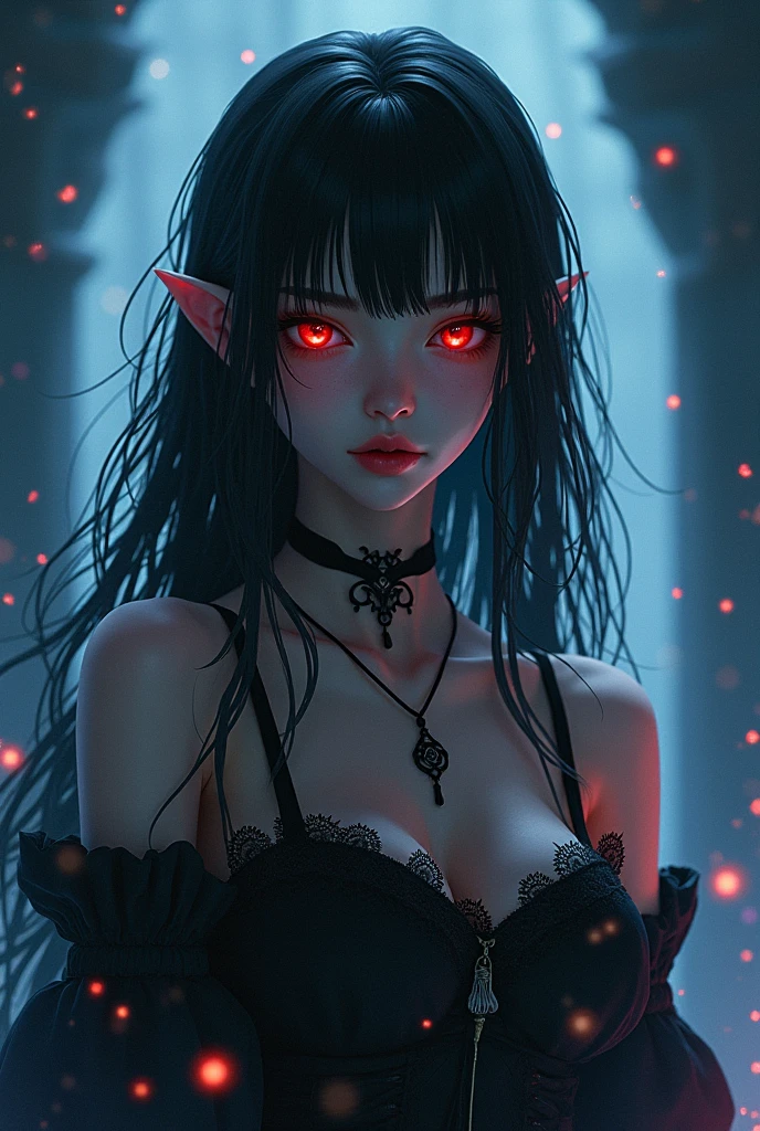 masterpiece、Top quality、Ultra Detailed、Halloween, pumpkin, Black long hair, Red Eyes, Smile, Bangs, Ahog, night, Pointed ears, Little devil horn head, moon, sit ,vampire