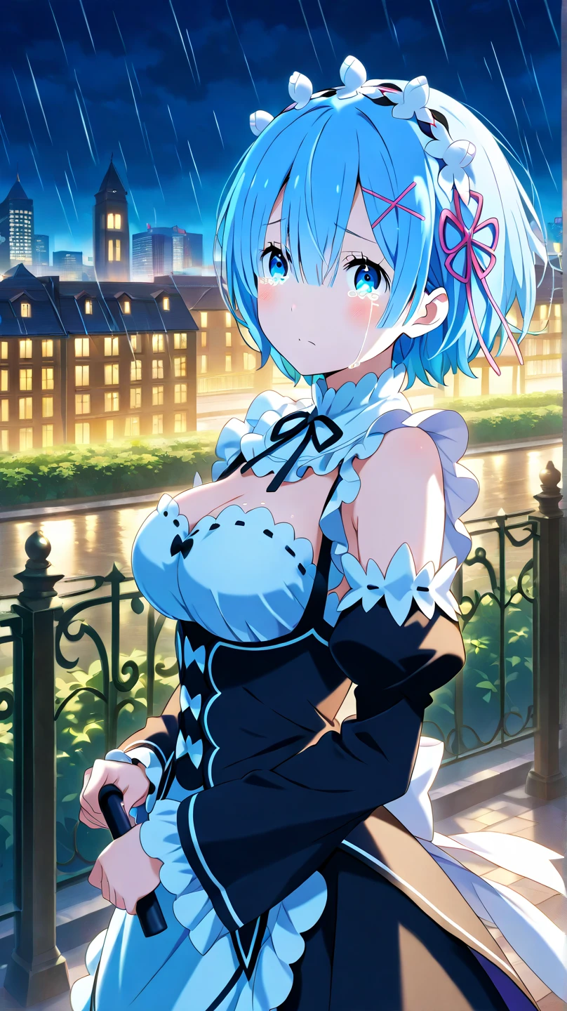 ((highest quality, 8K, masterpiece)),Rem(Re:zero),nice,good, sharp focus: 1.2, cute beautiful woman with perfect body: 1.4, slim big breasts: 1.2, ((blue hair,short hair, big breasts: 1.2)) , (small transparent dress, half naked, highly detailed chest, happy expression, Are standing: 1.2), ((city night view, Balcony Simple: 1.3 Making of a woman)), Highly detailed face and skin texture, fine eyes,