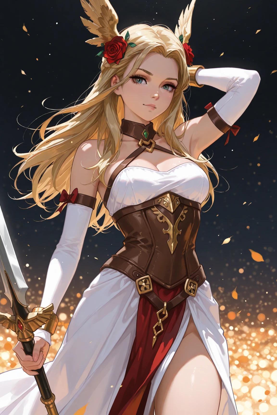 Long blond hair, Double braid, woman,dress, long skirt, cleavage,Hand guard,Bare Legs,boots,Great Sword,Medieval European castles
