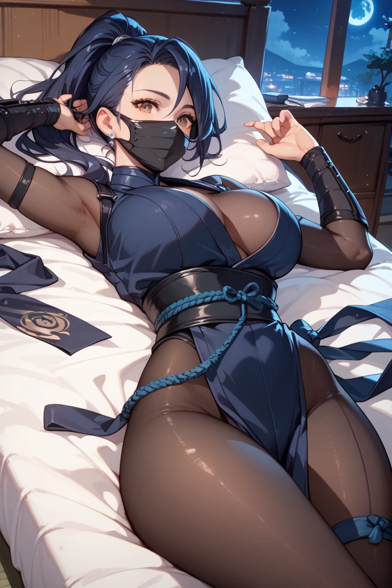 1 girl, detailed blue eyes, lange wimpern, detailed beautiful face, (Long black hair:1.4), improvisierter Knebel, (Klebebandknebel:1.6), GEKNEBELT, Klebeband, festgebunden, (arms behind back:1.6), gefesselte Arme, blushing, Tape gag, (Big boobs:1.1), (wet skin:1.3), black bikini, (laying in a bed:1.5), nah Aufnahmen, Peeling herself