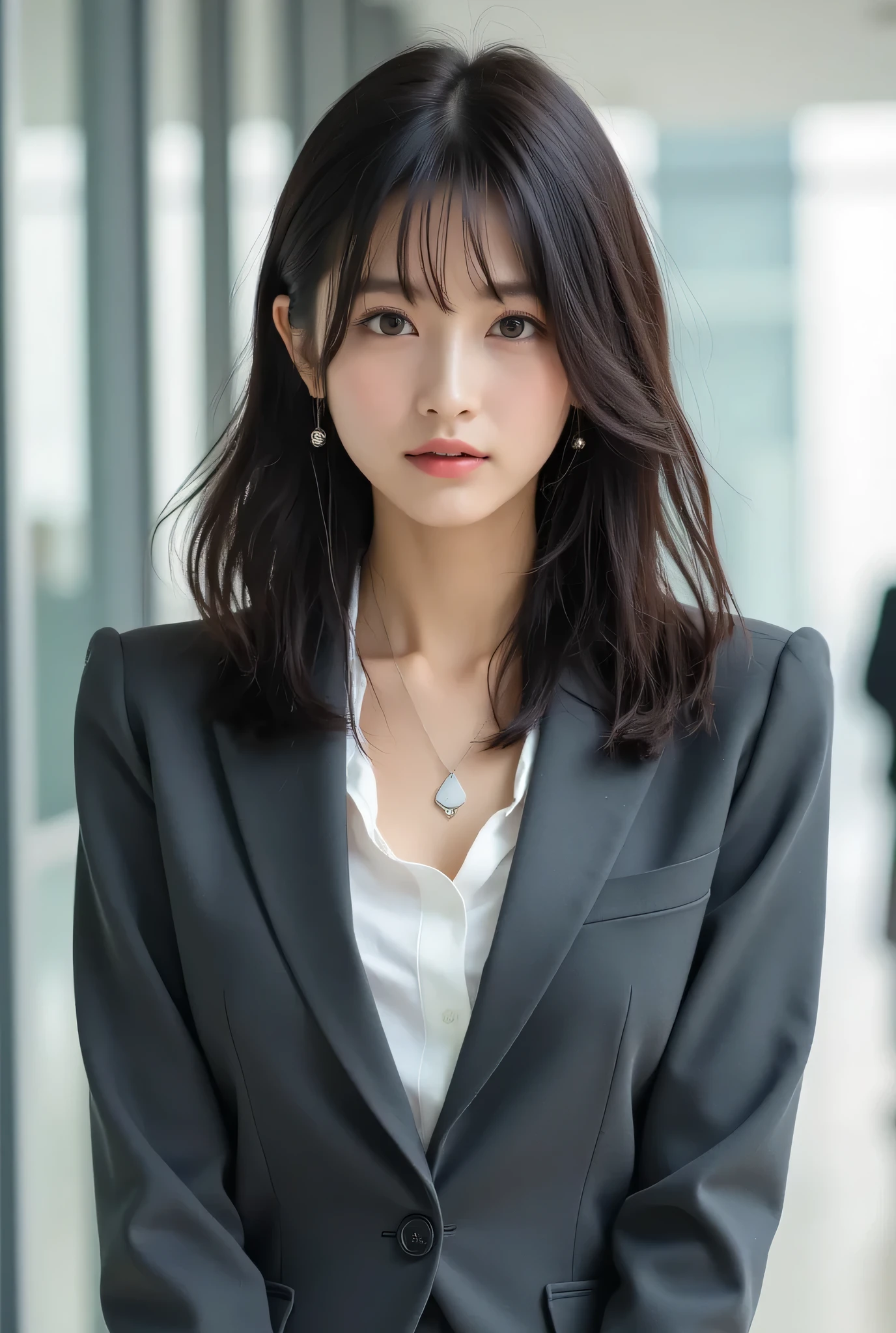 A 30-year-old stylish office lady with a trendy, layered medium-length lob (long bob) with soft curls, standing with grace in a modern office lobby. Her black eyes are hyper-detailed, with intricate iris patterns and reflective highlights, and her skin is flawless with ultra-realistic texture. She wears a charcoal fitted suit, a white long-sleeve blouse, a mini skirt, and high heels, accessorized with delicate earrings, a minimalist necklace, and a visible name tag. The composition is a full-body cowboy shot from a side profile, her gaze intentional and slightly upward, radiating confidence. Studio lighting casts soft, flattering light across her hair and outfit, with a subtle motion blur to convey graceful presence. The office lobby background features modern glass architecture and clean lines, ensuring her body proportions are natural and undistorted in her standing pose.