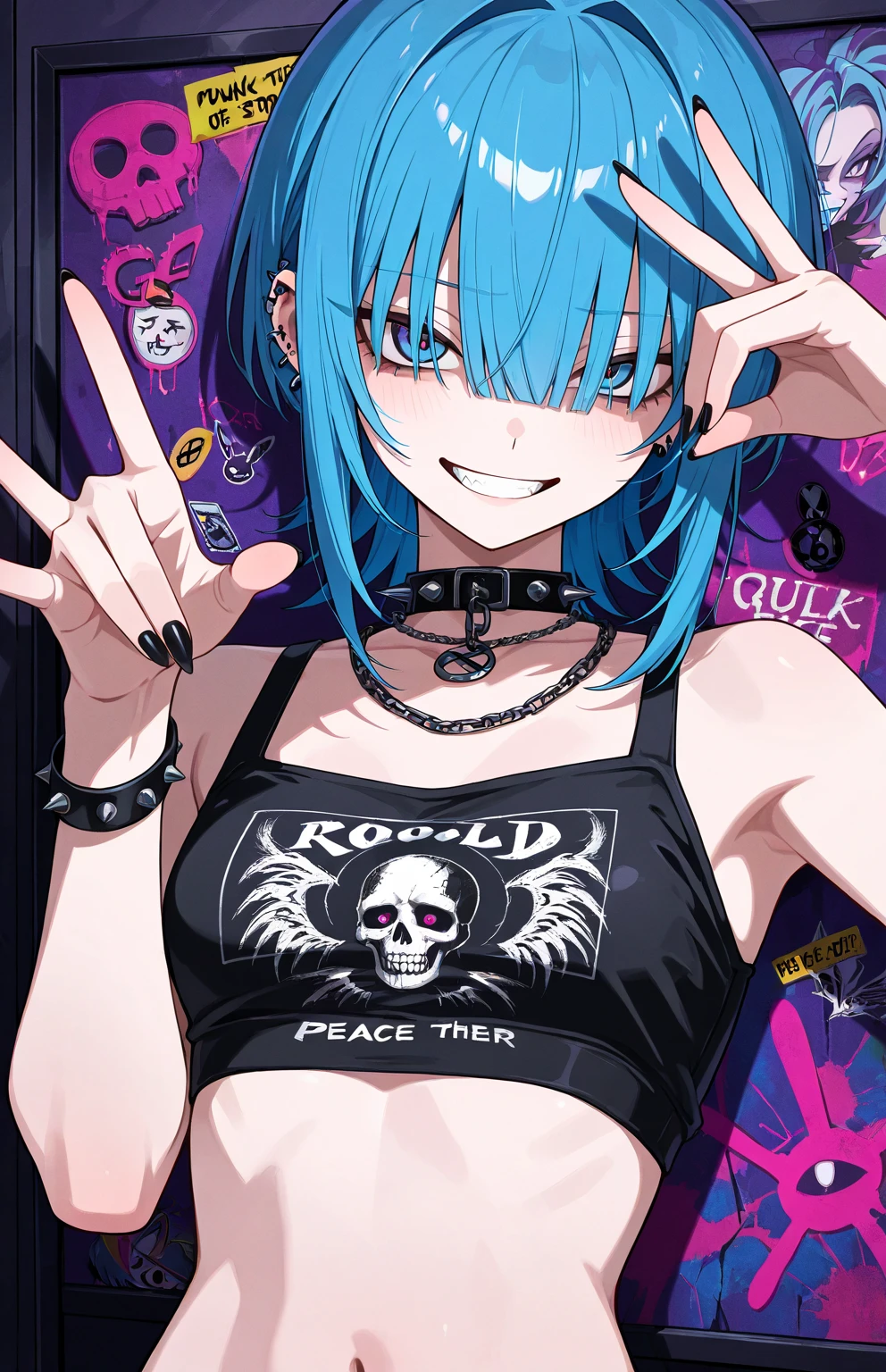 Gal,cool beauty, punk,blue hair,small breasts, upper body, long bangs,bad smile、float display、Zitoida、Inside the store、Peace Sign、air gestures