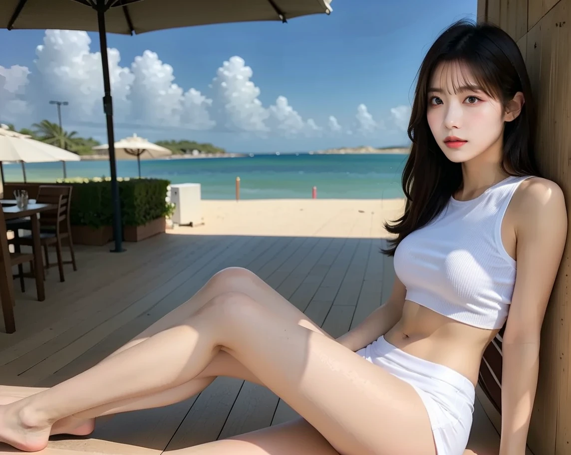Best Quality, Ultra High Resolution, (Realisticity: 1.4), 1girl, Beach, Short Brown Hair, Double Sideburns, Delicate Hairstyle, Blue Sky, Big Breasts, Bugs, Butterfly, Shorts, Shorts, Clouds, Cloudy Sky, Daytime, Hair Decoration, Horizon, Mountain, Ocean, Outdoor, red_lips, River, Coast, Seated, Sky, Water,