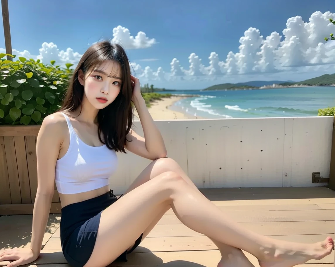 dark brown hair、light brown eyes、Japanese actress face、 lady、I&#39;I like him and I&#39;I&#39;I am about 40 years old.、(intricate details:1.2)、(which one is the top?:1.4)、 (ultra high resolution:1.2)、ultra high resolution、(finely tuned)、(detailed facial features)、nffsw、8K resolution、D cup size breasts、long hair、seaside、beach、beach、In the sea、luxurious space、relax、、,full body photo、head to toe shot、beautiful feet、camisole、shorts、beautiful feet、she, extreme details, very detailed, realistic, hourglass body, obscene pose,、、I cry a lot、tears、relaxした表情、(auraroid photo:1.2)、A masterpiece of transparent painting、8K、32k、highest quality、(Details of both eyes)、1 person、Playing with the waves、