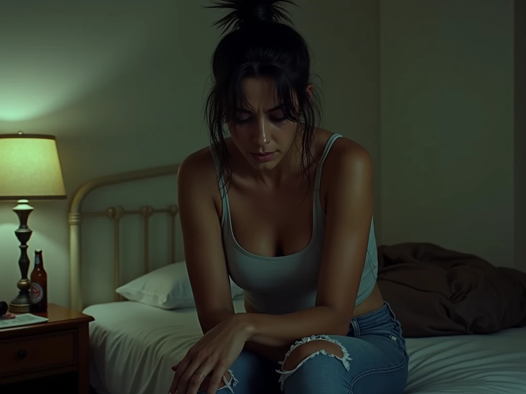 masterpiece, stunning photo of olmn, hanging above bed, bdsm, nsfw, sideview, loose green tank top, mini skirt, suspension, sensual, erotic, (saggy breast, big breast:1.2), style of Nan Goldin, short hair, sharp focus, DOF, polaroid, <lora:OliviaMunnV2Dogu:1> <lora:LowRA:0.65> <lora:InsPX2:0.2> <lora:suspension:1>, Photorealistic, Hyperrealistic, Hyperdetailed, analog style, soft lighting, subsurface scattering, realistic, heavy shadow, masterpiece, best quality, ultra realistic, 8k, golden ratio, Intricate, High Detail, film photography, soft focus