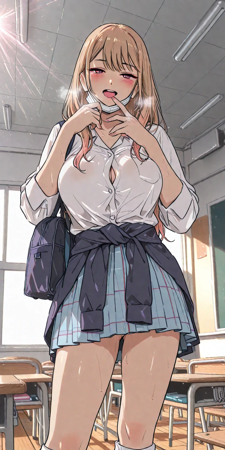 Masterpiece, Best Quality, ultra high resolution, 18 year old young man, , school, student, wavy fur, freckles in the face, in a classroom, very sensual with a perfect body, saggy tits, beautiful ass, sexy , sensual, Saggy breasts, vestida de school, camisa undersized, Underwear