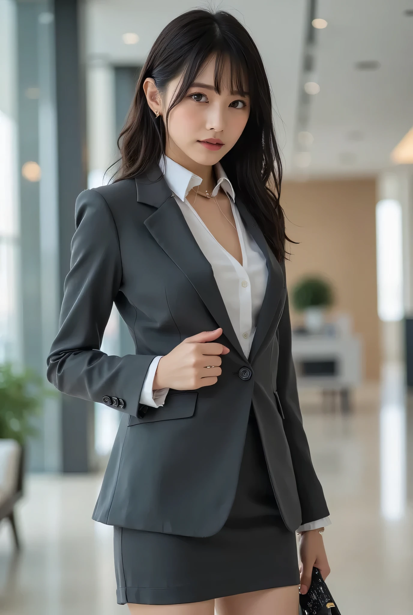 A 30-year-old fashionable office lady with a sleek, chin-length medium blunt cut with soft waves, standing gracefully in a modern office lobby. Her black eyes are ultra-detailed, with intricate lash and iris details, and her skin is flawless with hyper-realistic texture. She wears a form-fitting charcoal suit, a white long-sleeve blouse, a mini skirt, and high heels, accessorized with small earrings, a delicate necklace, and a visible name tag. The composition is a full-body cowboy shot from a side profile, her gaze intentional and slightly downward, conveying focus. Studio lighting highlights her hair and outfit with soft, natural glows, paired with a gentle motion blur to suggest subtle movement. The office lobby background features contemporary glass panels and minimal furniture, ensuring her body remains proportionate and anatomically correct in her standing pose.