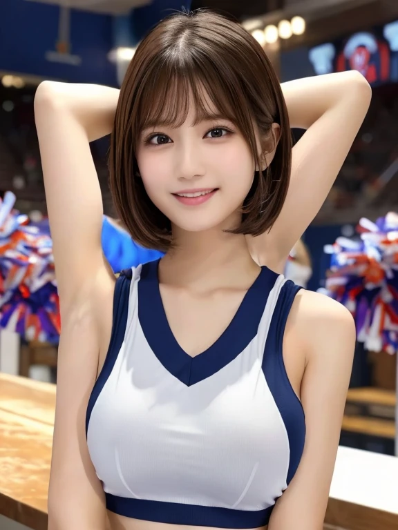 ((Ultra-high resolution photos)), (highest quality:1.2), (Perfect Beautiful Face 1.2), (Perfect and beautiful posture:1.2), (1 Japanese Cute girl:1.5), ((solo:1.5)), (round face:1.2), (Cheerleader:1.2), (cute face), Short woman, ((Big and ample breasts:1.2)), ((Big Ass)), Slim Muscular body, ((Brown Short Bob Hair:1.2)), Sharp eyes, Looking into the camera, (((Cheerleader costume:1.2))), ((Small Head:1.5)), random sexy pose, joyful laugh, baseball Ground,