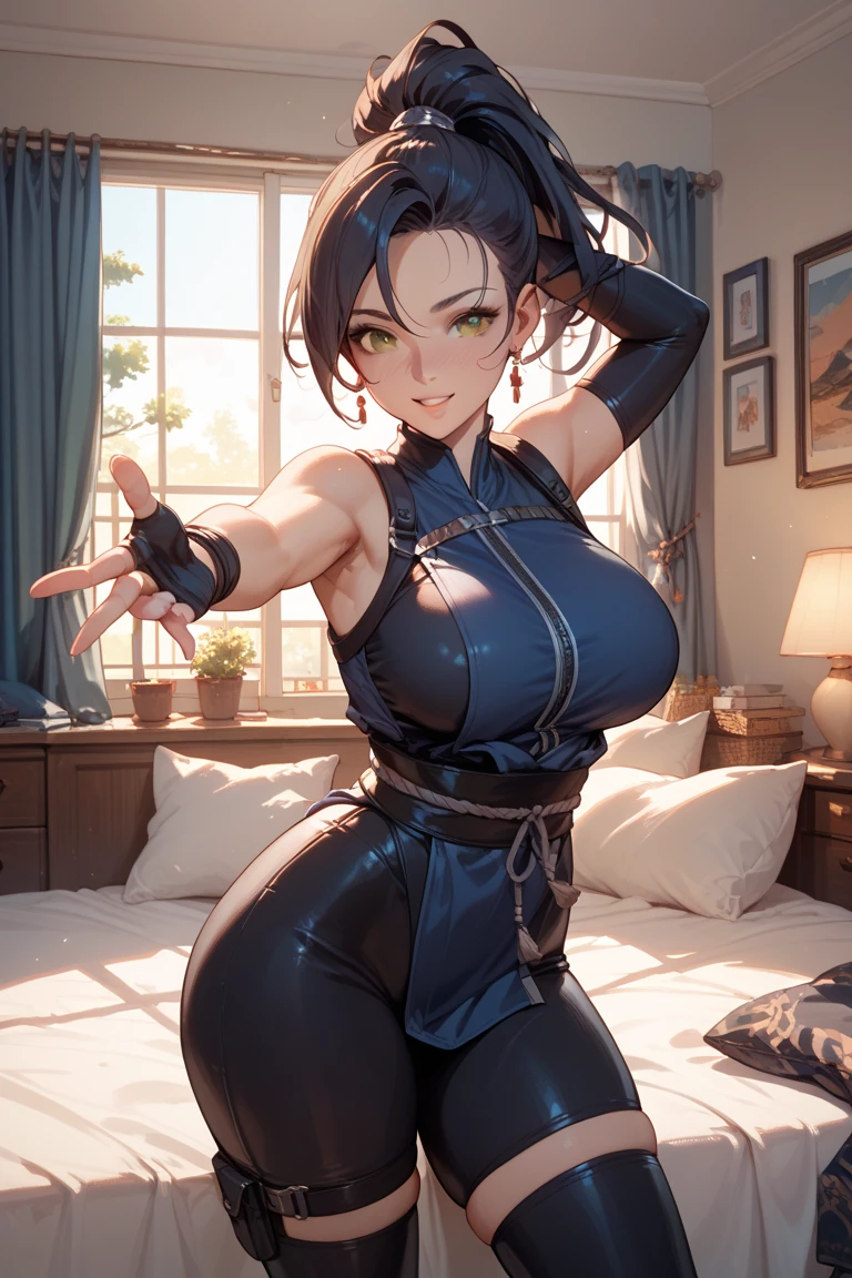 Perfect, masterpiece, (best quality, highres:1.2), 1girl, beautiful detailed eyes, beautiful detailed lips, extremely detailed eyes and face, long eyelashes, medium:oil painting, vivid colors, HDR, studio lighting, ultra-fine painting, sharp focus, physically-based rendering, extreme detail description, portraits, ((organized fingers)), curvy body, big breasts, perfect shape, facing viewer, sweaty, gorgeous, ((arms up)), sleeveless bodysuit, smiling,