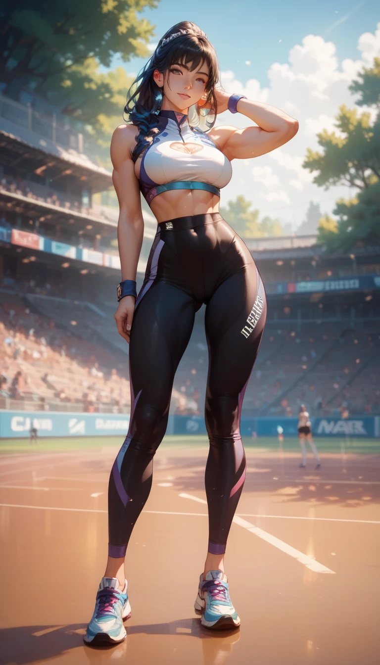 (A masterpiece, high resolution, 4K,8K), perfect anatomy, (a woman, (Chun-Li), athletes, very short hair ) ,(royal blue top, track jacket on the top:1.3), ((wearing black workout leggings:1.3) ,(((black side string of panties is shown at her waist from black leggings))), sweating, the background are buildings dazzling neon light, (sexy body) , (sexy ,beautiful, detailed face), athlete body, front view, standing attractive pose, looking at camera , good applying makeup, medium breasts, cleavage, midriff peek and abs, glistening skin, Delete everything except the character