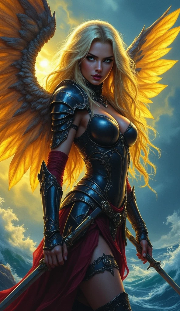 angel with big wings blonde woman,very long straight hair with a ponytail and bangs,with sexy warrior goddess sexy armor,too thin waist,red eyes,athletic fitness body,angry face,angry face,with a mighty staff,with a halo on the head of a luminous golden color,thick lips,thick eyebrows,lips painted violet,posing on the back,LOOKING AT THE SPECTATOR.posing sexy,ass in thong,Fitness ass,round ass,with lots of energy around violet color,and electric rays surrounding her,big tits,very sexy armor,with erotic long stockings,with a lot of magical power,real imageista,real image,real human image,non-animated image,image without animation,very tight armor,posing on the back, mostrando el ass in thong,looking at the viewer,posing on the back,LOOKING AT THE SPECTATOR.mostrando el ass in thong al espectador.photo made reality,image made reality