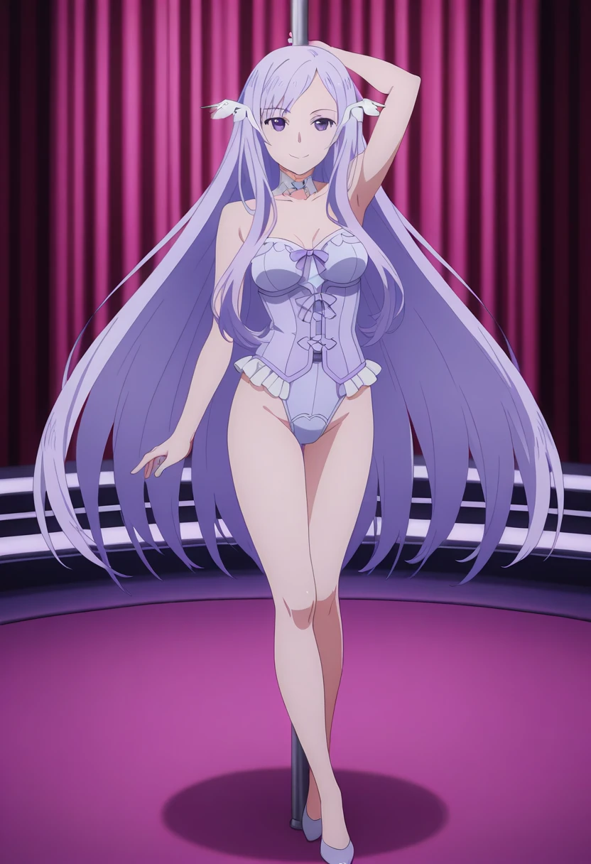 Absurd resolution、hight resolution、(masterpiece:1.4)、ultra-detailliert、女の子 1 人、、concert、audience、white hair、The long-haired、Purple bra、purple pantie、sings、Glamorous、big butts、Colossal tits、Stockings、Purple Lingerie、Katyusha