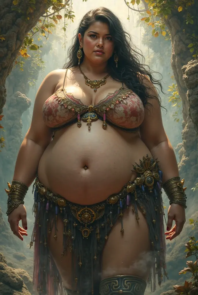 Beautiful, very fat girl, 8K, ultra-high quality with a detailed saree and deep neck blouse. Capture her full-body with realistic textures, glowing skin, big chest, and plump face. Wavy hair, detailed eyes, facing the camera.