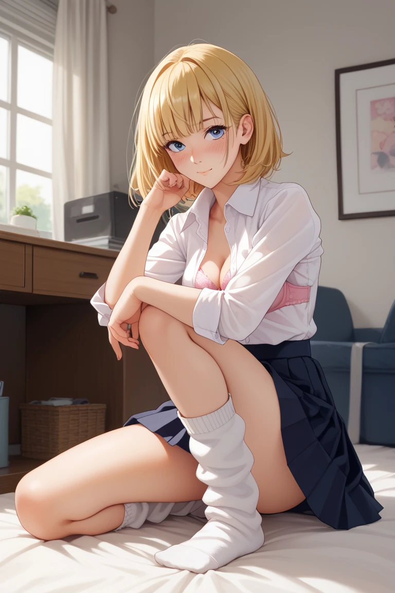 very cute and beautiful girl,(Very detailed美しい顔), (smile),blush,Black Hair,Seraphim,((Blonde、Short Hair)),(White Shirt、Pleated navy blue pread your legs、Squat)、Sitting、(From below)、(Lace panties), Country road, (Highest quality,masterpiece:1.0),Absurd,High resolution,Super detailed,Very detailed,32K,8k resolution, Intricate details,Movie Scenes,Detailed Background,alone,Dynamic Angle,