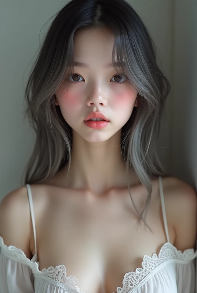 ((8k、sharp、masterpiece、Highest quality、Photorealistic、Perfect Face、Small face、Very beautiful face、Fair skin and cute、Fair skin、Gray Hair:1.1、Blue eyes、very cute、1、Moisturized Skin、))、 1、ponytail、Shiny skin, Moisturized Skin、Fair skin、Japan's Top Idol、Cool girl、Cute face、Perfect Face、Japanese Idols、Top Idol、1:1.3、((Flowing gray hair:1.4、美しいBlue eyes:1.3、double eyelid、Beautiful breasts、Thin legs、Beautiful shaped buttocks、Girl with perfect style、Abdominal muscles、Gray Hair、Very well-groomed face、Cute face、))、Beautiful breasts、Professional Lighting、Portrait Shot、Smiling at the audience、blush、(Naked black apron:1.3、)、((1. Idol Girl))、Cleavage、((She captivates the audience's pants in the kitchen.'))、'kitchen、Cool girl、No clothes、I'Wearing an apron、You can see the chest on the side