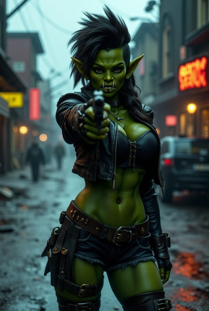 A cyberpunk street. A beautiful orc woman, she has dark green skin and sharp fangs.:3. Her hair is styled in a wild futuristic hairstyle. Big round , long slender legs, big round . She is wearing a leather jacket with lots of rivets, a tight very short T-shirt and tight very short denim shorts. Lace-up leather boots. She points the gun directly at the camera.
Style: cyberpunk aesthetics, overly detailed, cinematic lighting.