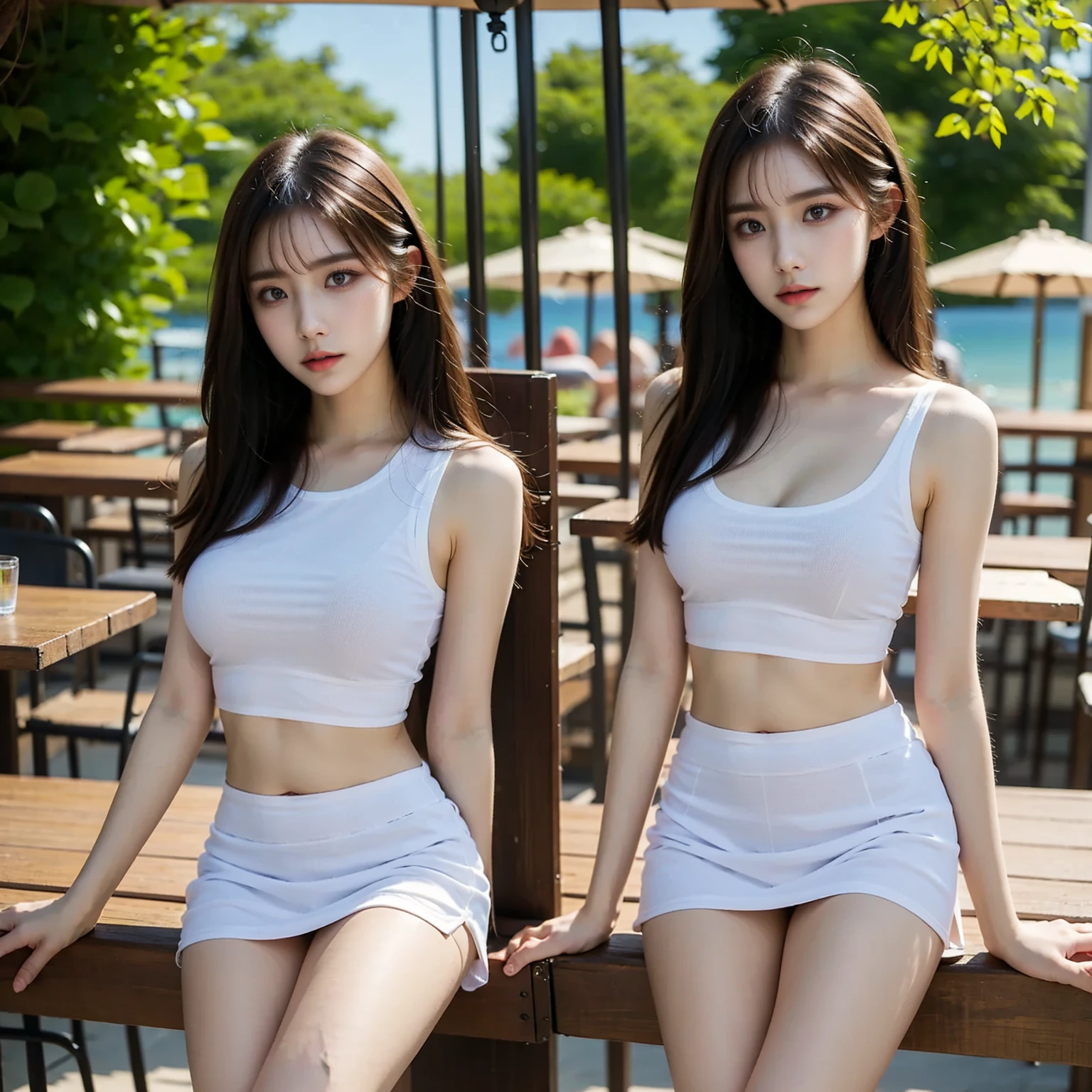 Highest quality,girl,Are standing,Sweat it out,Highly revealing,long hair,Underboob,A small, tattered, white transparent tank top,cut off, Shorts,outside,front,