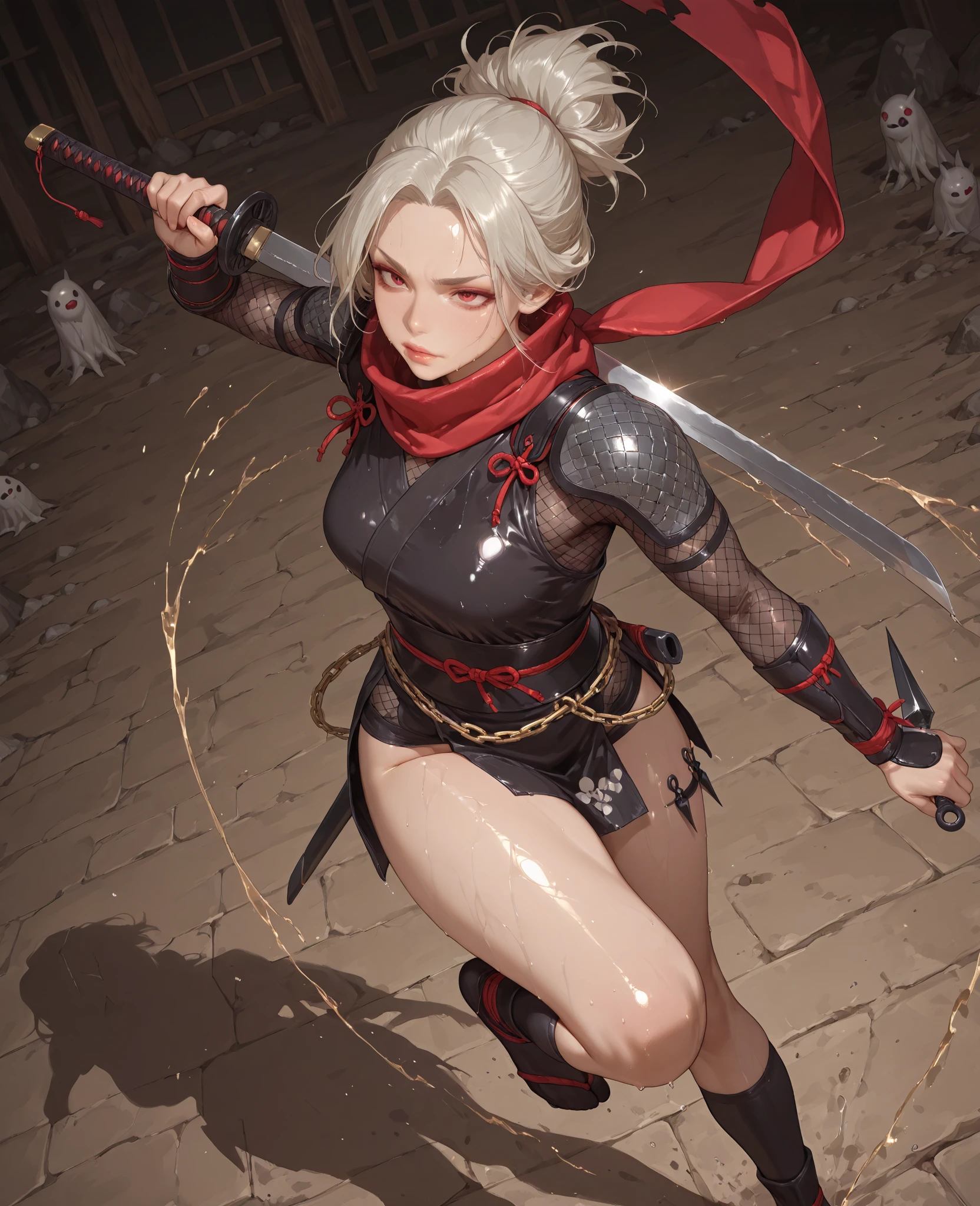 (((character design))), ((UHD, High details, masterpiece)), (mature woman, butcher), blonde long ponytail, ((fancy, black suit, large black leather apron, red high heels wielding a meat cleaver)), (stern look), (((white background)))