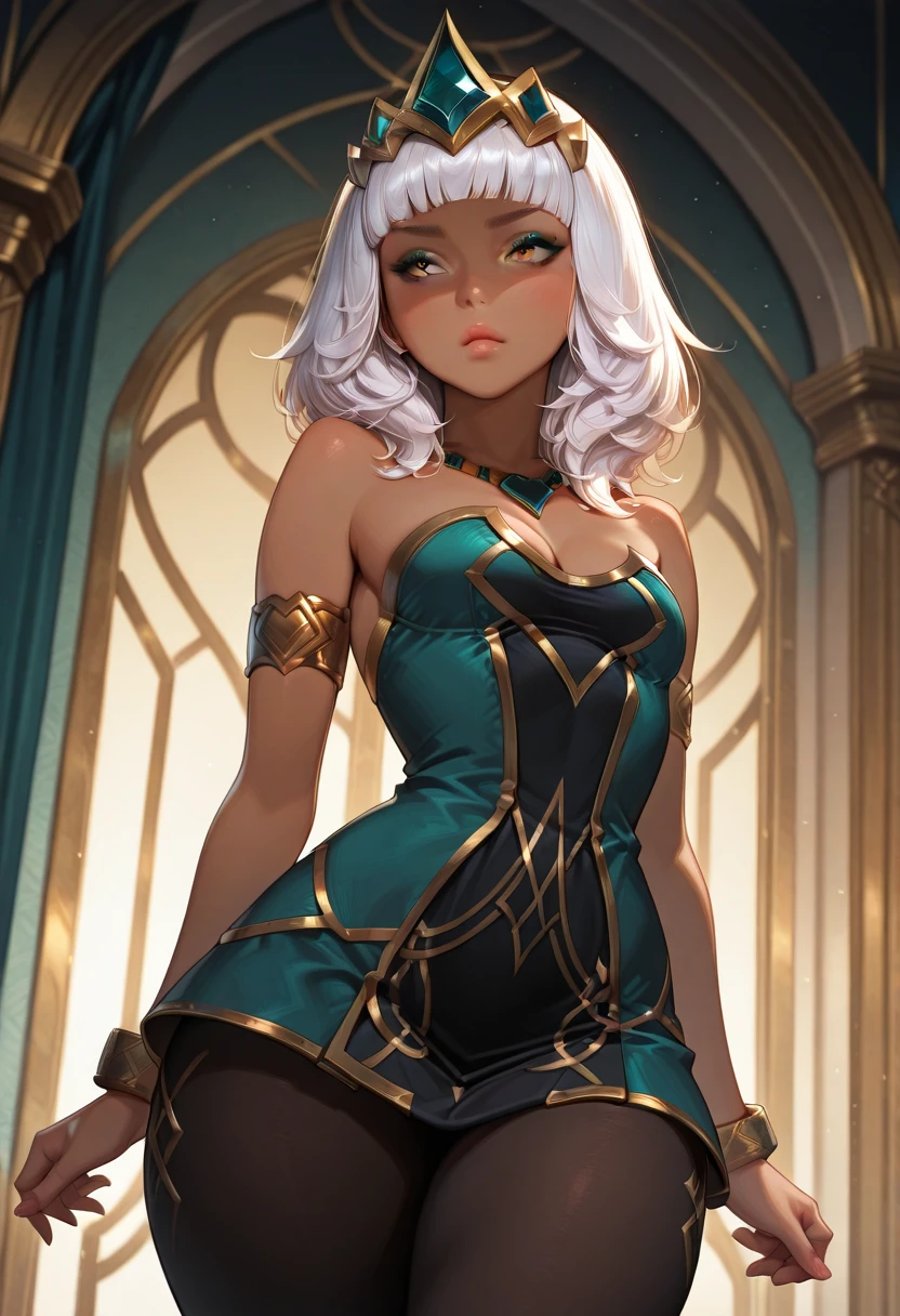 "A stunning black princess with striking (((short white hair))) stands out against the vibrant backdrop of a grand ceremonial stage in the heart of Emerald City, the capital of Zara Kingdom. Her deep, ebony skin contrasts beautifully with her gleaming white hair, which catches the sunlight as she moves. She is dressed in a dazzling traditional outfit made of handwoven fabrics, adorned with intricate beadwork and vibrant feathers that reflect the colors of the surrounding sacred grove. The princess's rhythmic and powerful dance honors the spirits of the land, her every movement a testament to her royal grace and strength. The crowd, captivated by her presence, sings and claps in unison, their voices echoing through the grove as the bright afternoon sun highlights the vivid contrast of her white hair and dark skin, making her the radiant center of the scene.",upper body