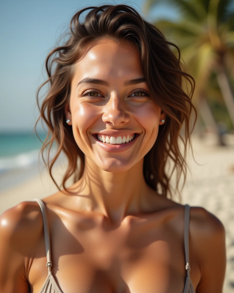 Créer une scène réaliste de style 4k d'une belle femme de 20 ans sur une plage d'Amérique du Sud, visage sérieux souriant,élégant, peau bronzée couleur brune, forme du visage ovale, slightly with dark circles and Légèrement tombant upper eyelid, nez large, punta de la nariz Légèrement tombant, rides nasogéniales légèrement marquées, lèvres épaisses comme une femme noire, coin de la bouche ,Légèrement tombant, seins naturels extrêmement petits, photo type selfie, taille de 167 cm, avec des vêtements de plage, (Peau très détaillée:1.2), 8K HD, Reflex numérique, éclairage doux, Haute qualité, grain de film, Fujifilm XT3