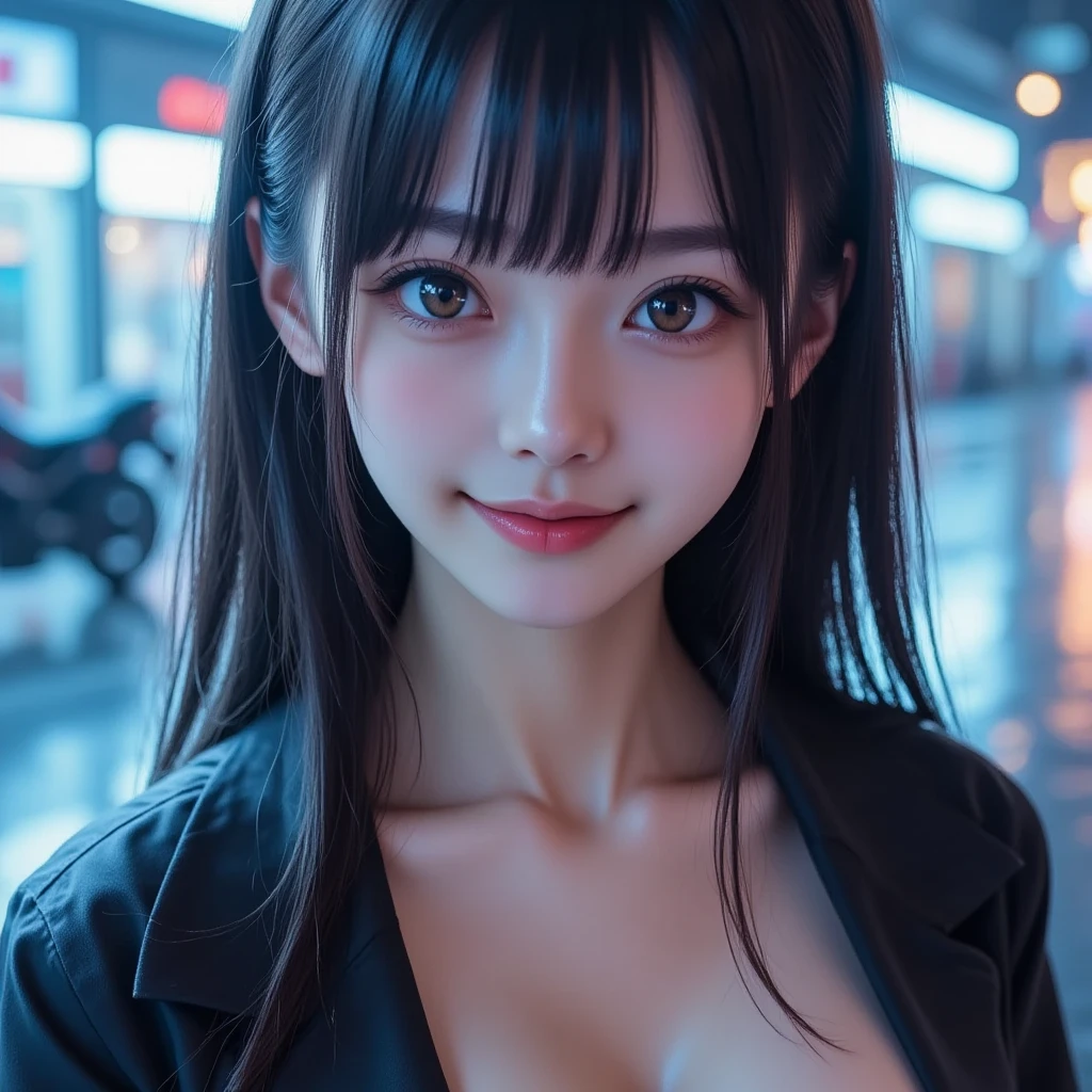 ((top-quality、masutepiece、hight resolution))、(Zoom photo from the front:1.95、Kamimei、Pose inviting a man、On the street at night、semi long hair、A dark-haired、Semen、a wet body、Small cleavage、Cute smile:1.45)、1 cat ear maid、kawaii faces、fishnet tights、(((black maid outfit))