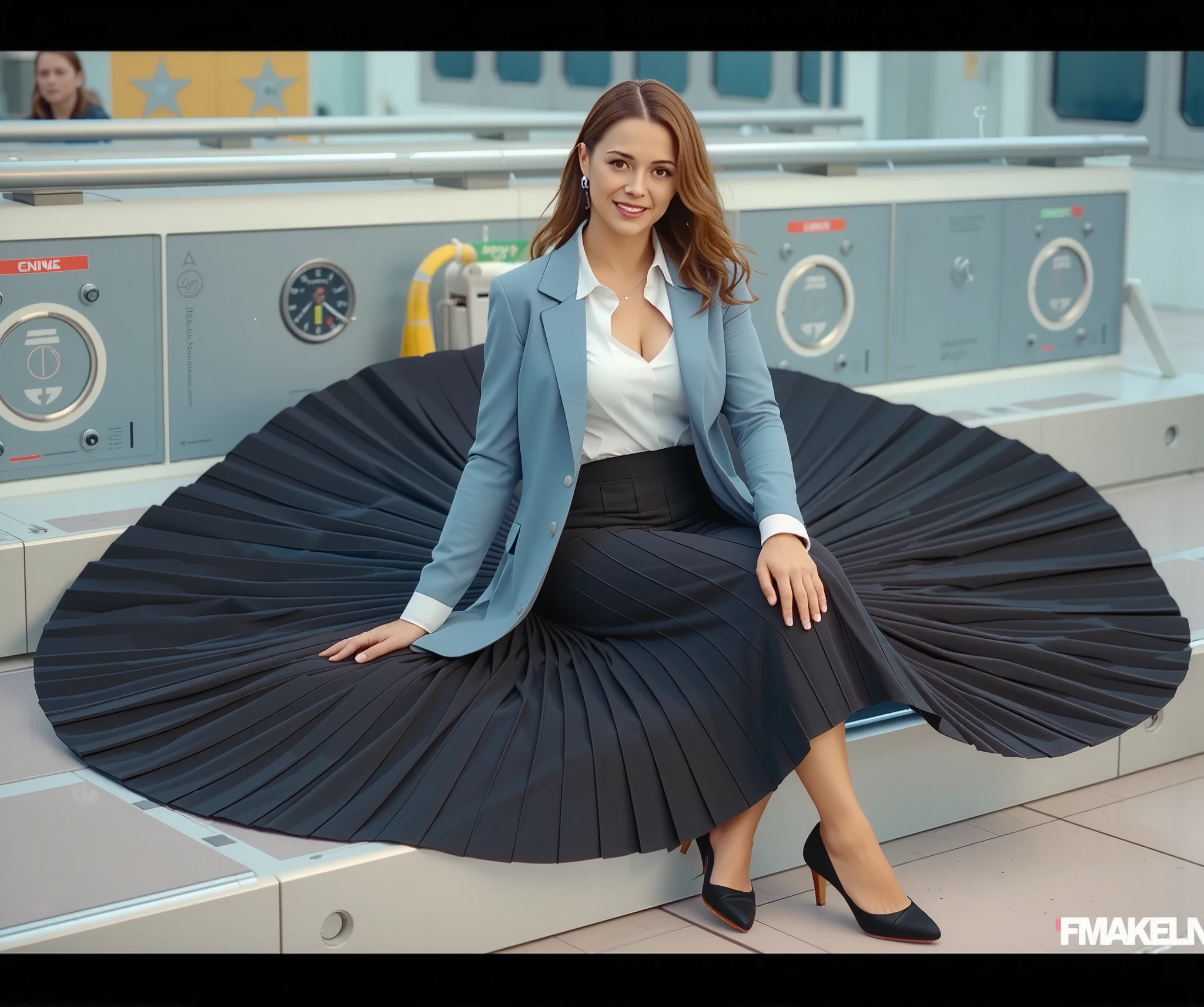 In an interstellar office adorned with vintage charm, a demure, mature therapist, dressed in a crisp uniform jacket and a blouse, reveals her alluring feminine grace. Her long, pleated skirt sweeps dramatically across the metallic floor, each fold a testament to the high-quality 35mm film, capturing the essence of Portra400 or Vision3 200T/500T. The soft focus lens embraces her, blurring the cosmic backdrop of star-studded windows that frame her nurturing embrace. She sits on the edge of her desk, her modest low-heel shoes hinting at a flirtatious posture. Her gentle smile is enhanced by the warm golden light that kisses her flushed skin and glistening sweat, while her glasses reflect the moonlit dance of distant galaxies. The soft, seductive arch of her legs invites closeness, and her blushing cheeks and parted lips whisper promises of a passionate embrace. The spacecraft's interior, a blend of retro-futuristic elegance and modern ergonomics, is bathed in a sensual ambience that resonates with the therapist's longing gaze. The composition is a masterful blend of intimate framing and the vastness of the cosmos, highlighting the stark contrast between her tender touch and the cold steel of the spaceship. The lighting, a symphony of artificial warmth and ethereal moonbeams, casts long, dramatic shadows that play upon her form, emphasizing the contours of her body and the sharp creases in her skirt. Her eyes, filled with a mix of empathy and desire, beckon you into the heart of the frame, inviting you to explore the depths of her soul in this erotically charged, celestial sanctuary.Milfie-v3