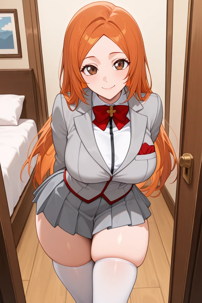 Twintail, red haired, 1girl, grey eyes, well toned, well built, muscled, toned muscles, (masterpiece), best quality, highres, solo, ribbon, white ribbon, hair ribbon, brown jacket, jacket, long sleeves, smiling, indoors, classroom background, standing, looking at the viewer, (ddlc school uniform:1.3), (showing panties:1.3)、 sitting, spread legs unbuttoned uniform, lingerie