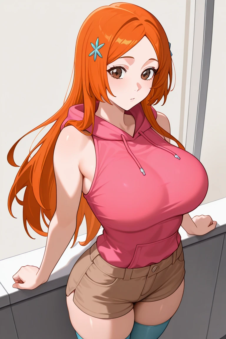 My name is Hikaru, I am a white test doll with long red hair and black eyes. I am 1.60 cm tall and weigh 46 kg. My breast sizes are 300 cm, my waist is 60 cm and my hips are 200 cm. Dressed in a yellow top along low-cut with green pants and hair with a low ponytail over my shoulder. With big breasts 300 cm