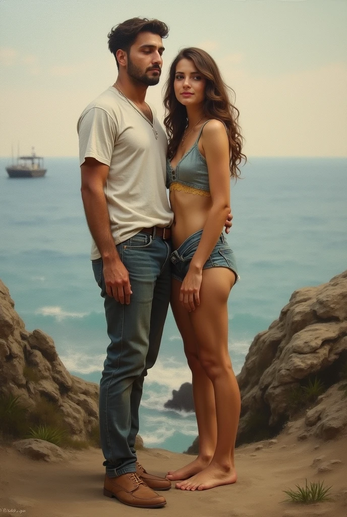 ((best quality)), ((masterpiece)), (Cinematic Aesthetic:1.4) A guy in late 30s standing left with one hot model, looking at the camera, the girl should be wearing hot bikini, large breasts and slim figure