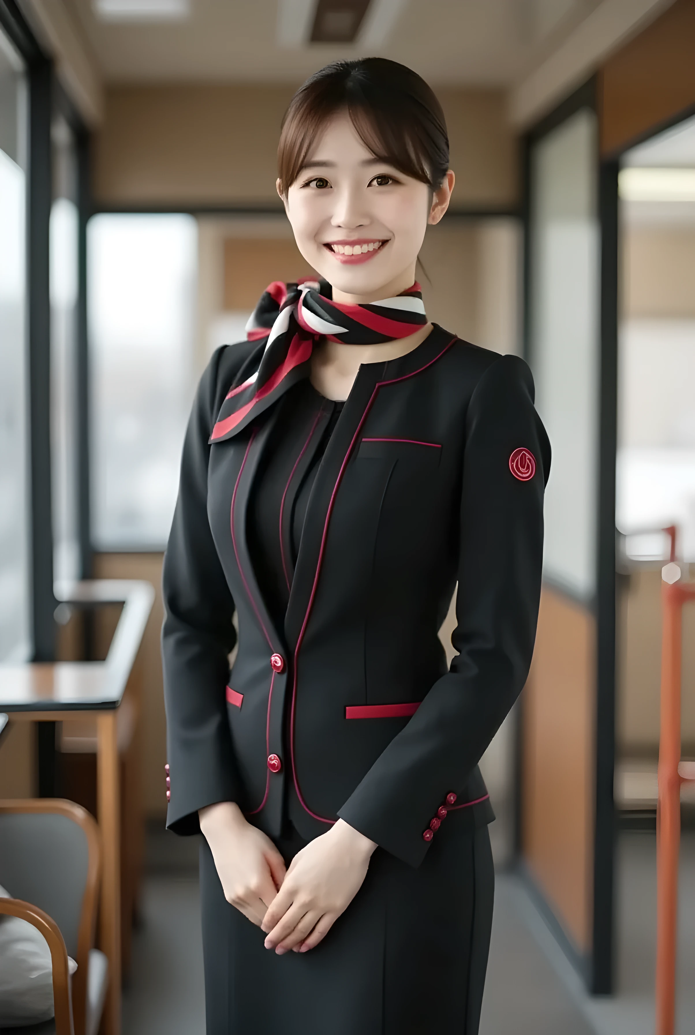 Super Real , photorealistic , (Full body image:1.5), she looks so happy , shadow, Global Illumination , Alone, (Japanese woman in her 20s :1.5), very beautiful、 cute smile , Slim, brown hair , beautiful legs , Long, slender legs , Surimi Waist , She's wearing a receptionist ,wearing a bus guide , turn your body forward、 white hair,full body photo ,Please take a picture up to the tip of your foot ,wear natural colored pantyhose on her legs ,When the light hits stockings, they reflects beautifully., wear black high heels ,