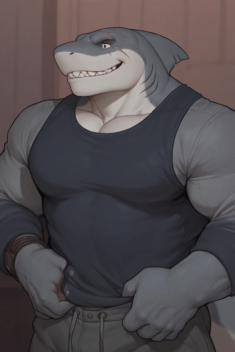 by zackary911,by chunie,(by meesh:1.2),by kiyosan,by sigma , ((masterpiece)), ((8k quality)), (no watermark), stolas, male, Muscular body, Imposing body, Imposing appearance, muscular arms, muscular legs, only body, trapezoid torso, sturdy body, muscular body, defined round and fleshy pecs, defined washboard ABS, defined arms, defined legsmouth closed, detailed office background, standing, (solo:1.4), suit pants, shirtless, bare chested