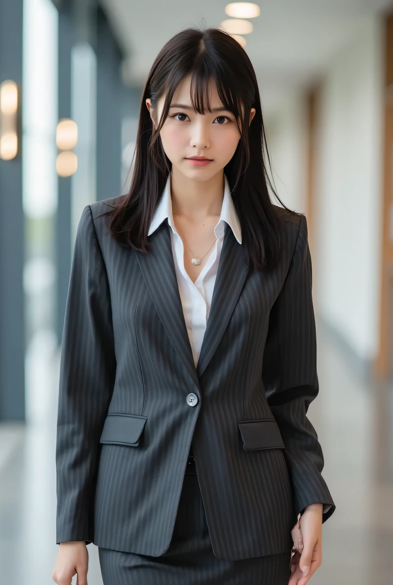 A 30-year-old professional office lady with a sleek, shoulder-length medium shag haircut with soft layers, styled with subtle volume, standing confidently in a modern office lobby. Her striking black eyes feature ultra-detailed irises with reflective highlights, and her flawless skin shows intricate texture. She has full, plump lips and wears a charcoal tight-fitting suit with a white long-sleeve blouse, a mini skirt, and high heels, accessorized with delicate earrings, a subtle necklace, and a visible name tag. The composition is a full-body cowboy shot from a side profile, with her gaze intentional and directed slightly upward, exuding poise. Soft studio lighting highlights her hair and suit, creating gentle glows, with a subtle motion blur to suggest graceful movement. The modern office lobby background includes sleek glass walls and minimalistic decor, ensuring her body proportions remain natural and anatomically accurate in her standing pose.