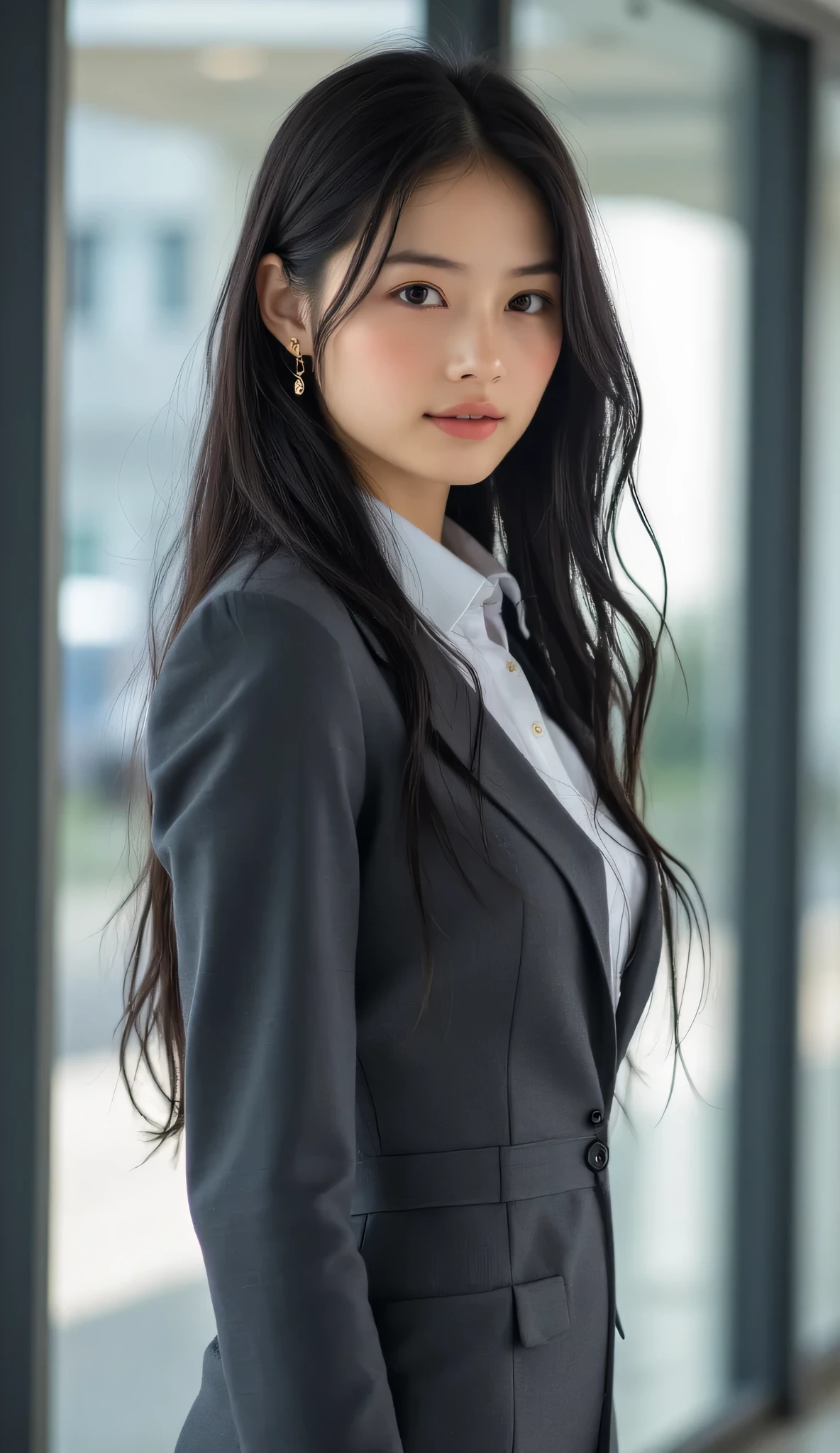 A 30-year-old professional office lady with long, flowing black hair, styled elegantly, standing confidently in a modern office lobby. Her striking black eyes feature ultra-detailed irises with reflective highlights, and her flawless skin shows intricate texture. She has full, plump lips and wears a charcoal tight-fitting suit with a white long-sleeve blouse, a mini skirt, and high heels, accessorized with delicate earrings, a subtle necklace, and a visible name tag. The composition is a full-body cowboy shot from a side profile, with her gaze intentional and directed slightly upward, exuding poise. Soft studio lighting highlights her hair and suit, creating gentle glows, with a subtle motion blur to suggest graceful movement. The modern office lobby background includes sleek glass walls and minimalistic decor, ensuring her body proportions remain natural and anatomically accurate in her standing pose.