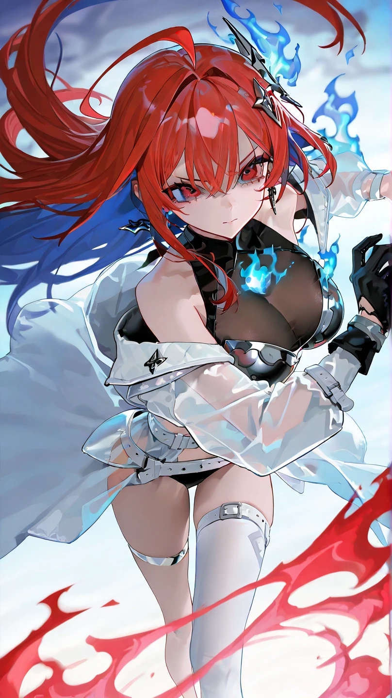 ((masterpiece, best quality)), (1girl),((mature female)), red hair, hairband, bangs, long hair, leotard, hair ornament, black hairband, shoulder cutout, (large breasts:1.2), (busty), tying hair,curvy,cleavage,confident, nature, sext