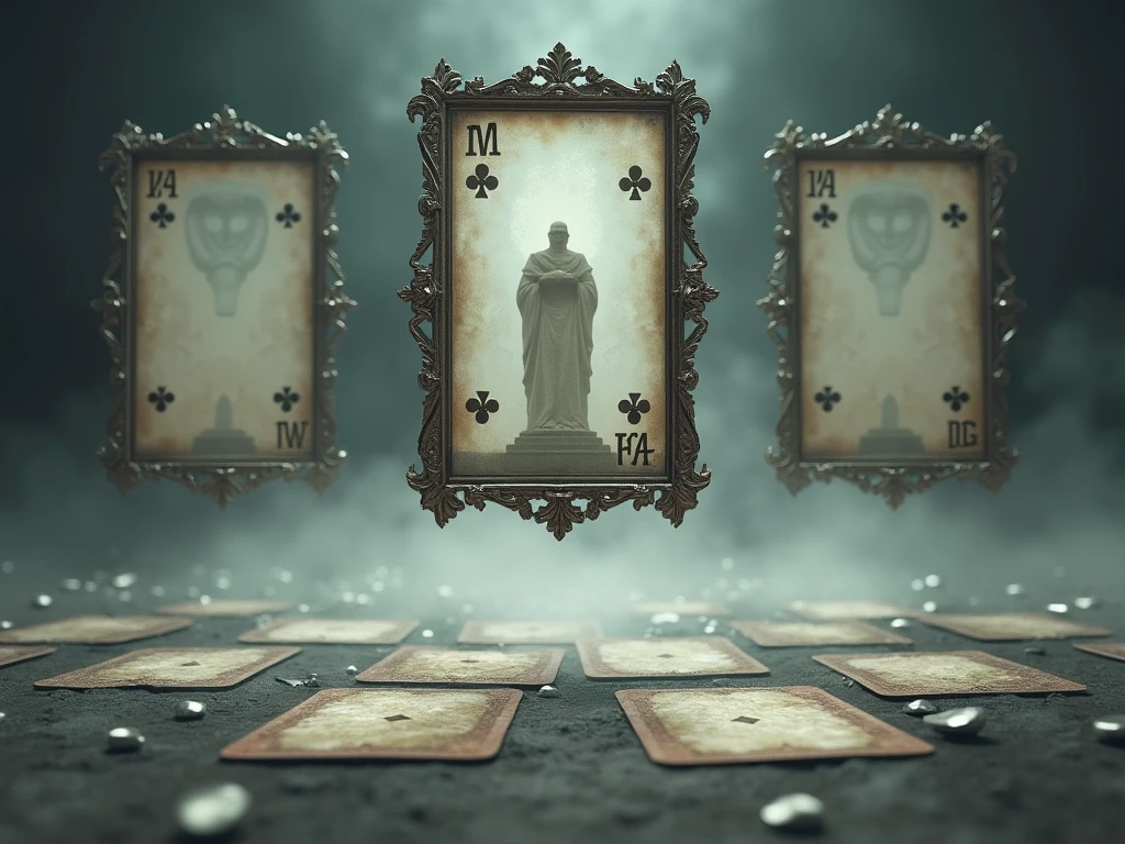 Psychic woman sits at a table. Short hair. Black outfit. Several tarot cards lining up on the table in front of her. Hold and show a card picturing wedding, happiness and love. Just behind her stands the death in black hooded cloak hold a card denying the woman card, picturing a grim human skull. Photo realistic, Ultra detailed, Sharp. Dim warm light. Close up. Meaning of this picture: behind fake promise, death is the only certainty.