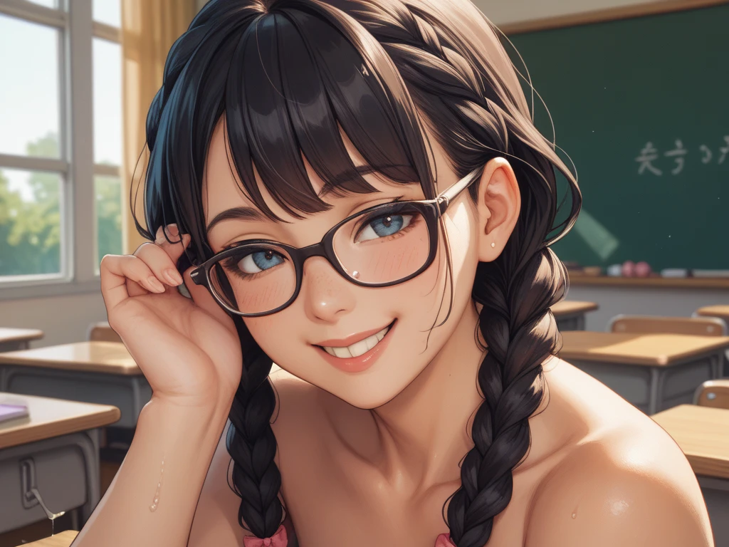 realistic、woman、look up from below、face zoom、cleavage emphasis、sit on bed、sexually、smile、Face reality、wearing glasses,low twin tails,surprised expression,,blush,black hair