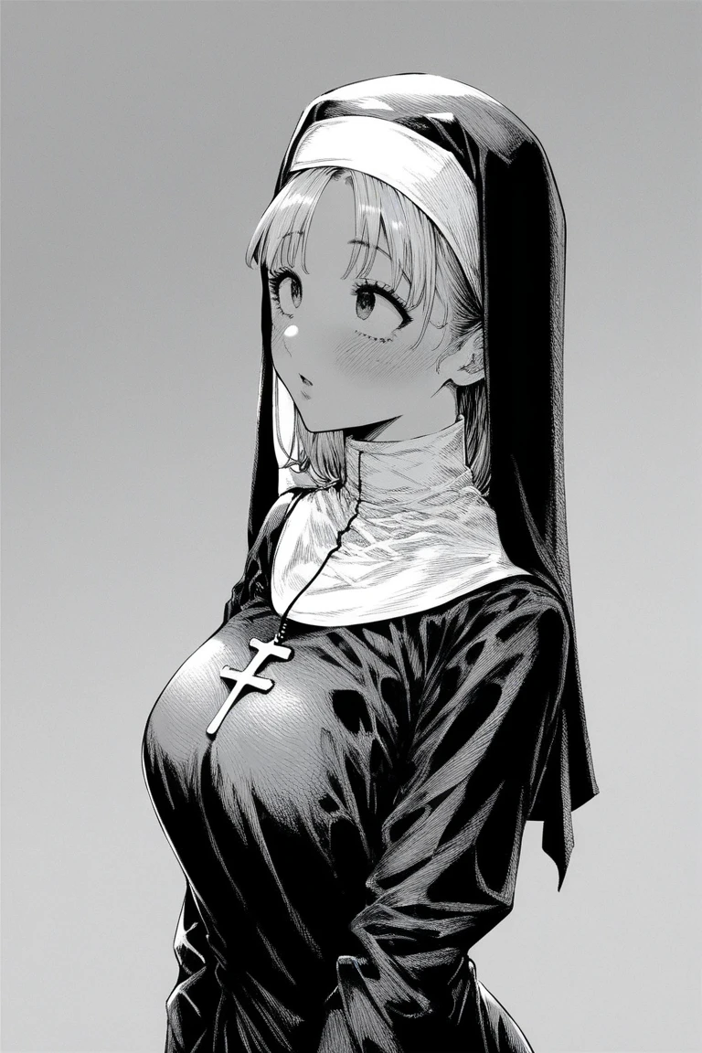 score_9, score_8_up, score_7_up, score_6_up, score_5_up, score_4_up, source_manga, rating_safe, 1girl, monochrome, detailed crosshatching, nun outfit, huge breasts, hands clasped under chest, rosary around neck, art of Kohei Horikoshi