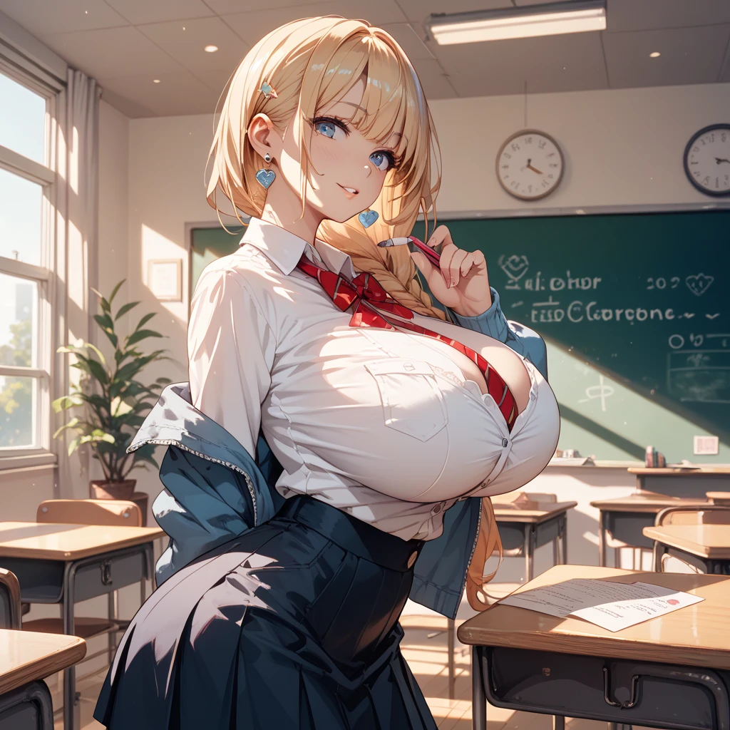 masterpiece, best quality, finely detailed, 1girl, blue eyes, blouse, pleated skirt, huge breasts, classroom, one hand waving