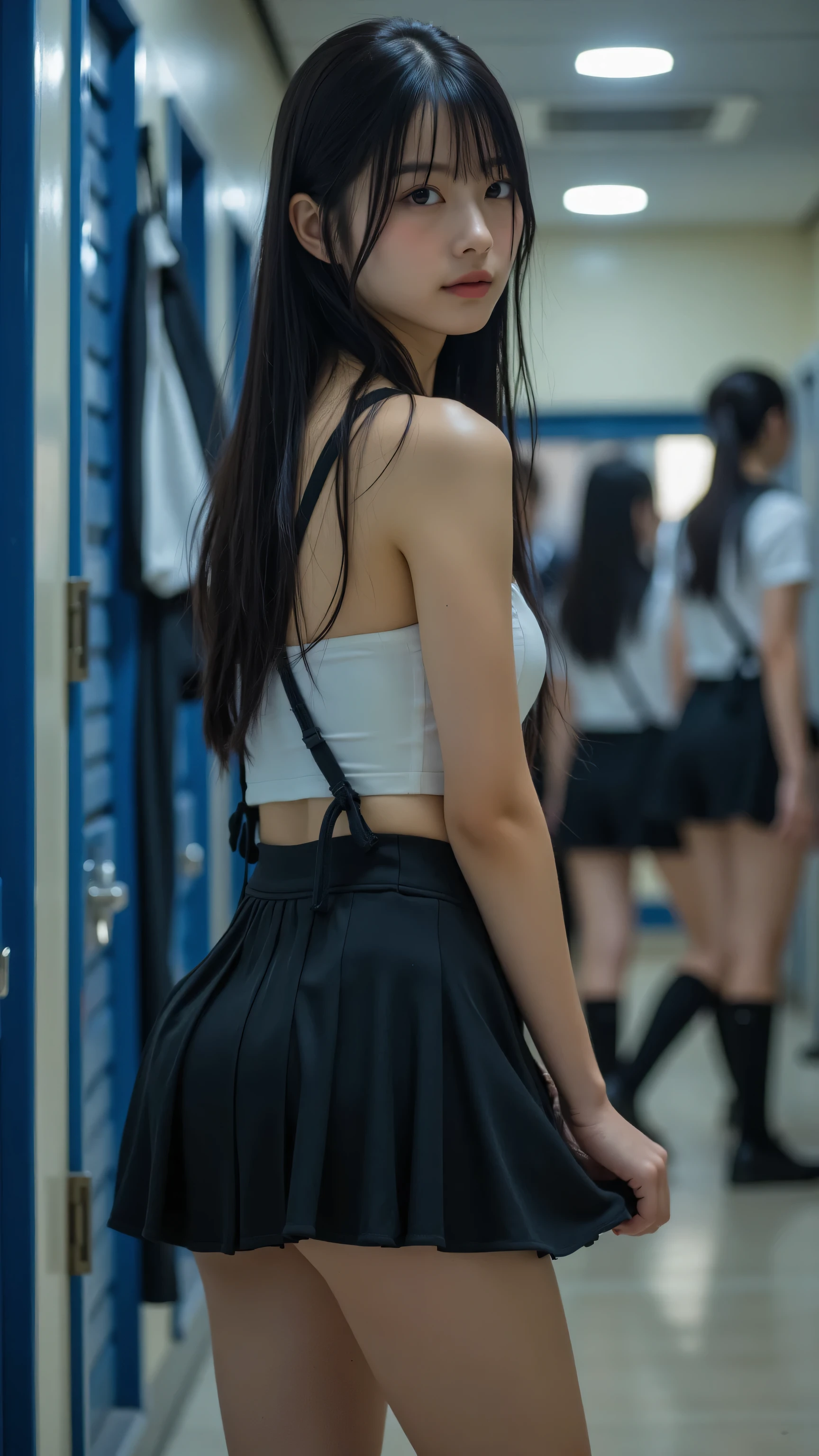 A mesmerizing ultra-high-resolution 8K close-up of an 18-year-old Japanese woman with silky, long black hair, captured during the transition from her school uniform to lingerie in a school changing room. The focus is on her thighs, framed from a slightly elevated angle that emphasizes their smoothness and the subtle curve as she begins to lift her black pleated skirt. The lighting is soft and natural, with warm diffused glows casting gentle highlights on her skin, revealing the texture of her uniform and the anticipation of the change. In the background, other students in school uniforms are visible, along with a blue door and hanging clothes, maintaining the authentic school atmosphere. The image exudes a sense of intimate realism (1.8), with raw, unprocessed photo quality, enhanced dynamic range, and cinematic depth of field. The school uniform, black hair, and lighting details (1.6) are executed with extraordinary finesse, creating an 8K wallpaper-worthy composition that focuses on the elegance and boldness of her form as she prepares to reveal her blue lingerie.