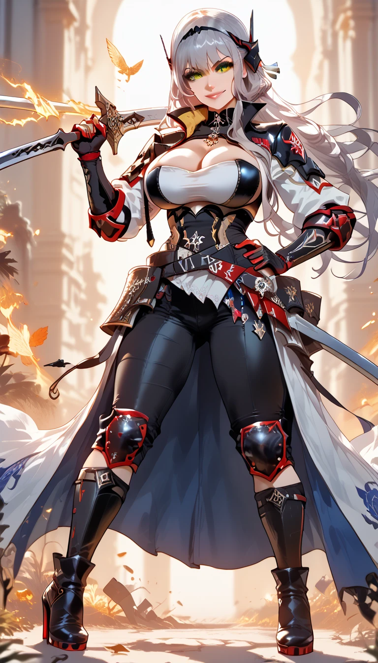 (masterpiece), (best quality:1.4), (perfect anatomy:1.4), high quality, expressive eyes, full body, detailed face, beautiful face, perfect face, 1 girl, breasts, gloves, (large breasts), military uniform, black jacket, jacket, very long hair, ({pale skin}), detailed ((silver hair)), yellow eyes, hourglass physique, gray pants, pants, thick thighs, toned, dynamic lighting, 4k resolution, dynamic pose, smirk, military base background, weapon, Sword, belt, glove, shoulder armor, boots, hand guard, delicate\(armor\),
